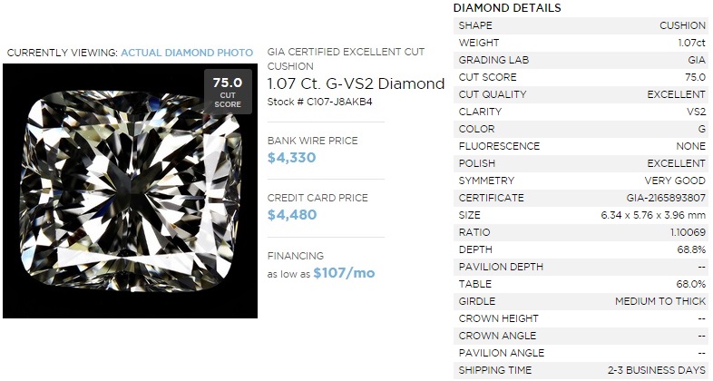 enchanted diamonds gia excellent 1 carat cushion cut