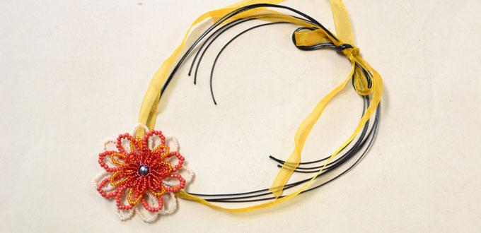How to Make a Seed Bead Flower Necklace with Orange Ribbon and Black Leather Cords