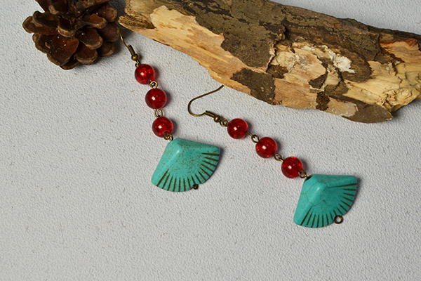 final look of the red glass bead and turquoise bead drop earrings