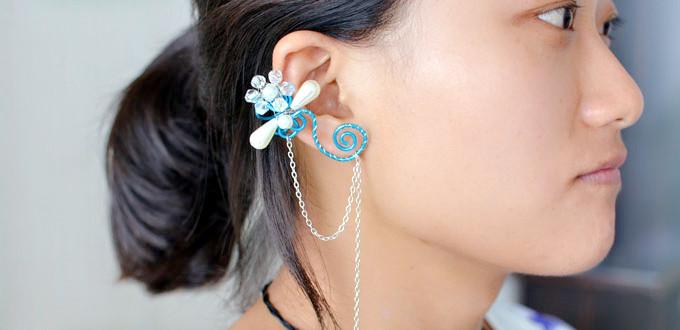 How to Make Blue Wire Wrapped Earrings with Cuff and Chain Design 