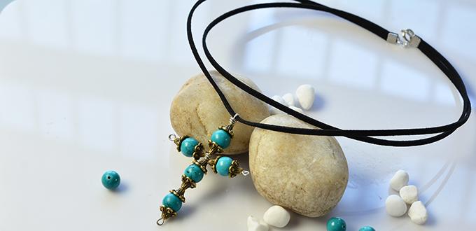 Pandahall Tutorial on How to Make a Simple Cross Pendant Necklace with Turquoise Beads