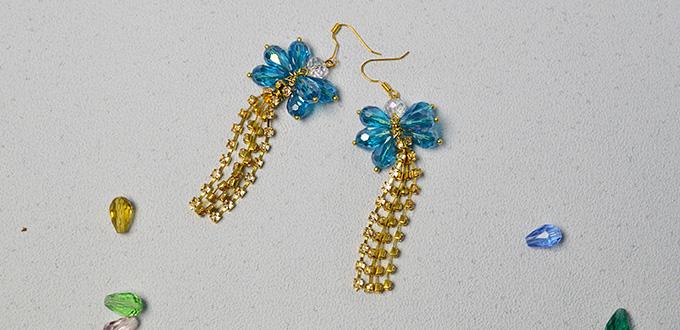 How to Make a Pair of Blue Glass Bead and Golden Chain Tassel Drop Earrings