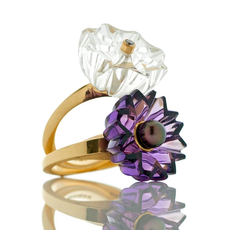 Flora Bhattachary Jyamiti rings with hand-carved rock crystal and amethyst