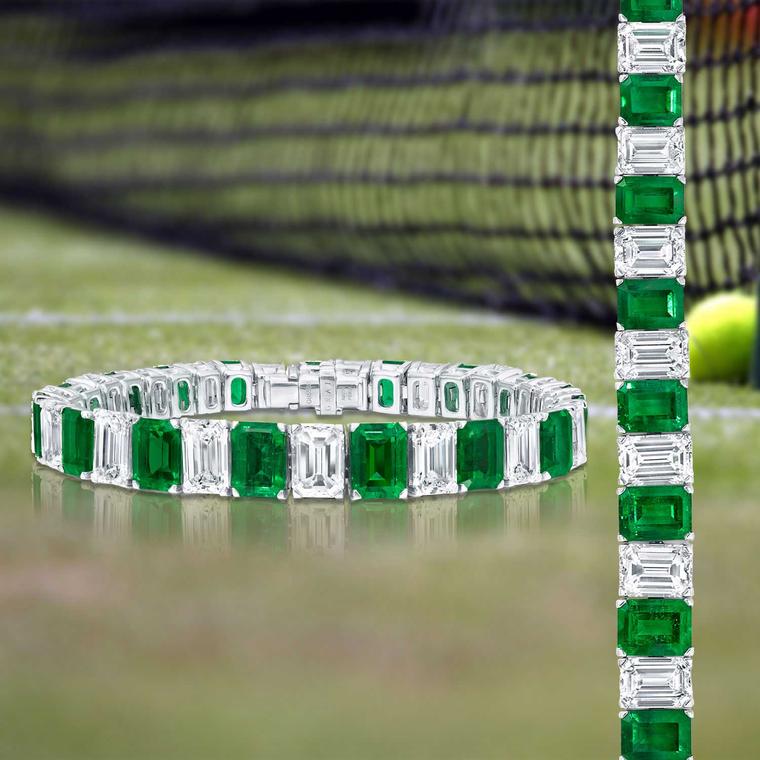 Graff Diamonds diamond and emerald tennis bracelet on court