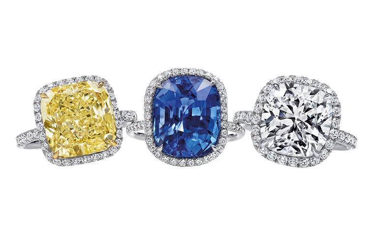 Harry Winston cushion-cut yellow diamond, sapphire and diamond micropavé engagement rings