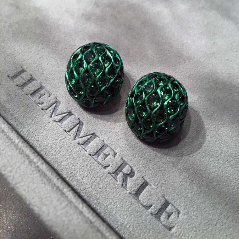 Hemmerle [AL} Project earrings  set with tsavorite garnets in aluminium and white gold