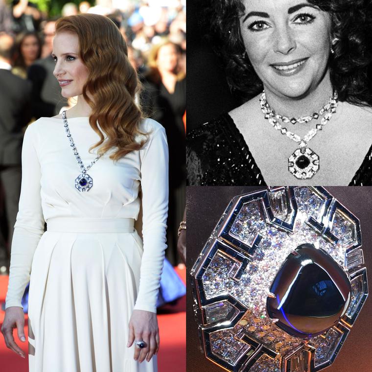 Jessica Chastain and Elizabeth Taylor wearing Taylor's Bulgari sugarloaf sapphire necklace