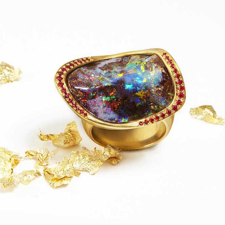 Katherine Jetter Marquis Boulder opal ring in gold with pavé rubies.