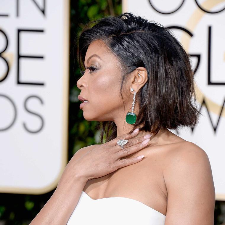 Taraji P Henson wore giant emerald drops by Kimberly McDonald for Gemfields to the Golden Globes 2016