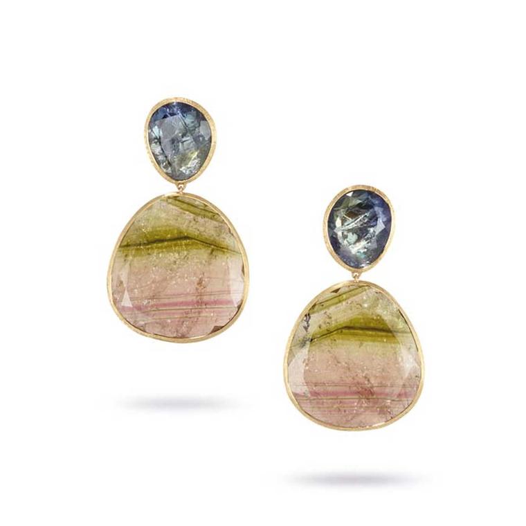 Marco Bicego watermelon tourmaline and rough-cut blue sapphire earrings from the Unico collection.