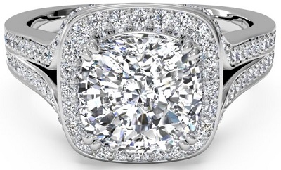 Masterwork Cushion Halo Diamond 'V' Band Engagement Ring - in Platinum