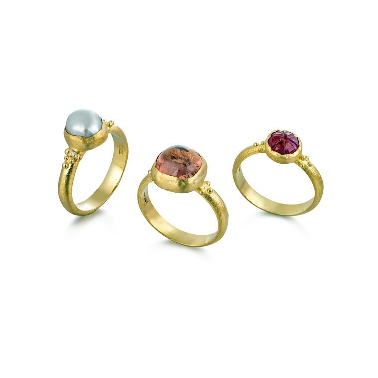 Milly Swire pearl, diamond, tourmaline and ruby rings