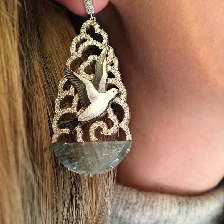 Ilgiz F Winter Forest seagull earrings on model