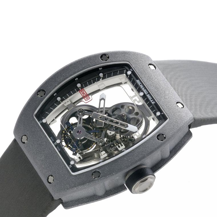 Richard Mille's RM009 watch is made from ALUSIC metal, a mixture of aluminum and silicium carbide particles, forged in a high-speed centrifugal furnace that confers lightness and resilience to the case.