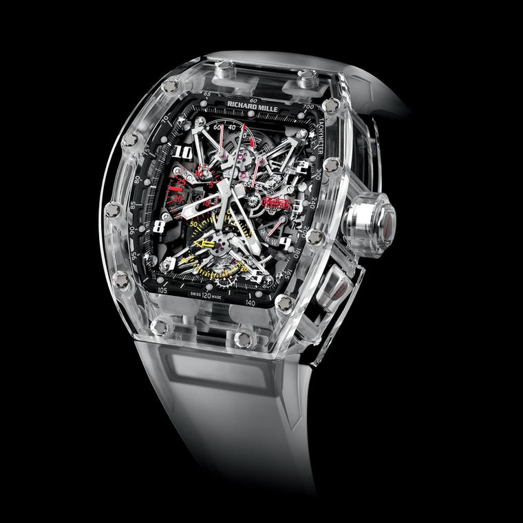 To create its curved surfaces, the sapphire crystal case of the Richard Mille RM056 watch was polished using an ultrasound in a pot of viscous diamond-particle filled mud.  The failure rate for such a process is high when the three parts of the case have 