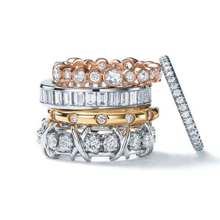 Tiffany Jazz ring in 18k rose gold, Channel-set in platinum; Tiffany Bezet in 18k gold; Tiffany & Co. Schlumberger Sixteen Stone in platinum; and Tiffany Soleste in platinum.