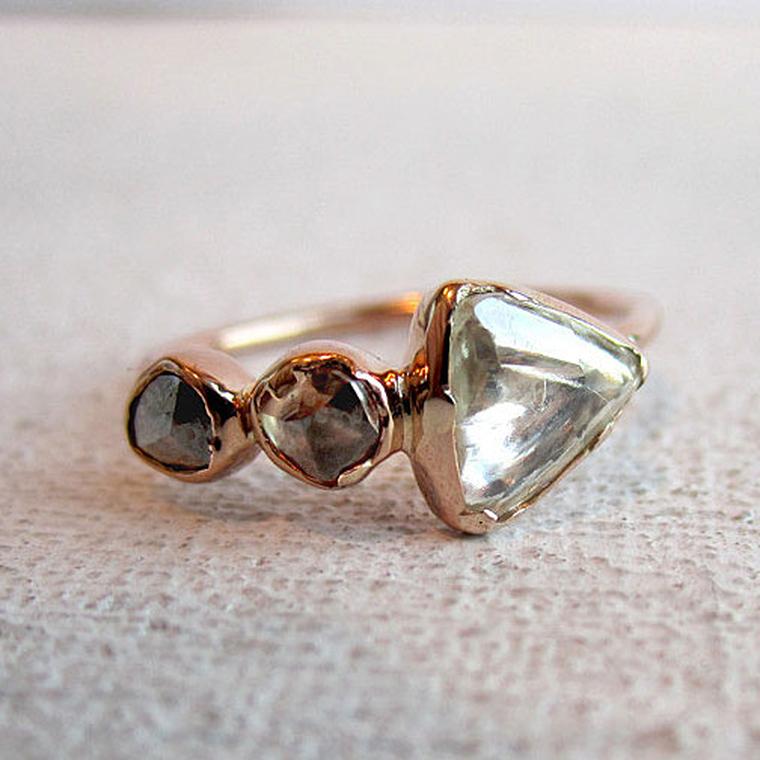 Sarah Perlis rough diamond trio engagement ring