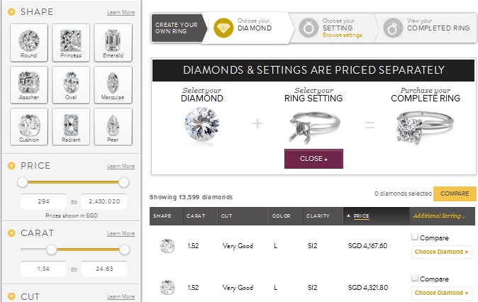 diamond selection interface
