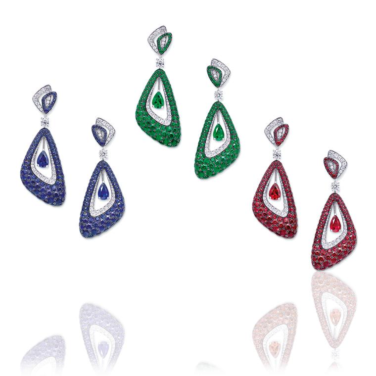 Graff Luna earrings set with sapphires, emeralds and rubies