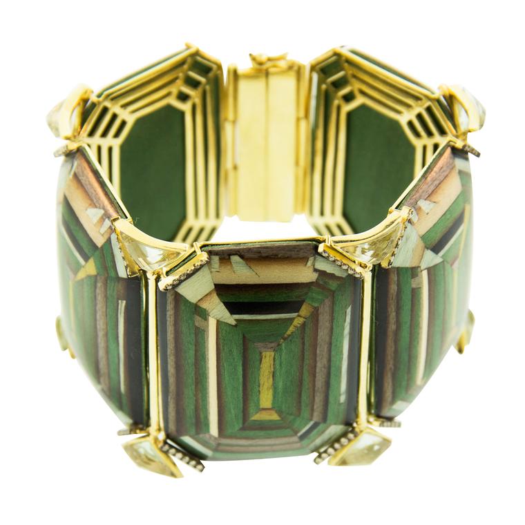 Silvia Furmanovich trompe l'oeil bracelet in gold, wood marquetry, diamonds and prasiolites