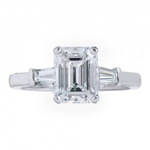 Tapered baguette side stones embellish this 2.01 ct emerald cut diamond platinum engagement ring by Bvlgari. Courtesy: 1stdibs.com