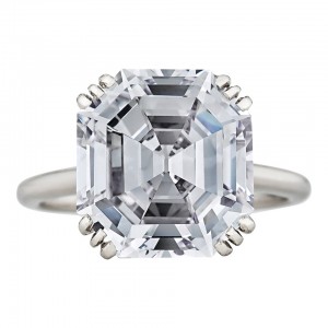 This 8.06 ct Asscher cut diamond engagement ring by Cartier, circa 1935, features a unique 12 prong platinum setting. Courtesy: 1stdibs.com