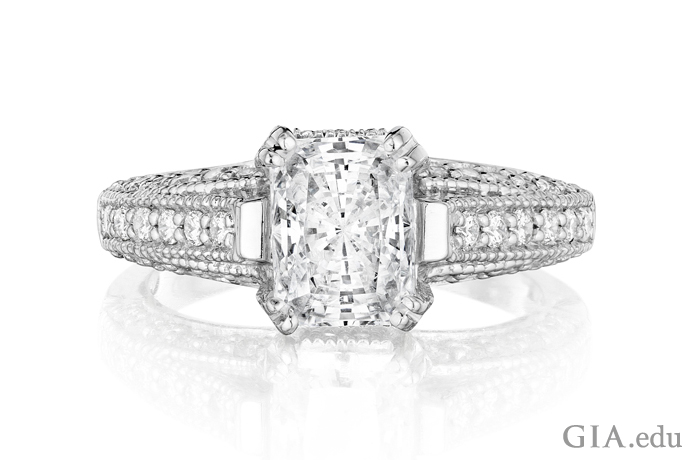 Beautiful 20.04 ct radiant cut diamond set in platinum showcases the excitement of this faceting style.