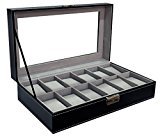 12 Mens Large Watch Box Black Pu Leather Display Glass Top Jewelry Case Organizer Box