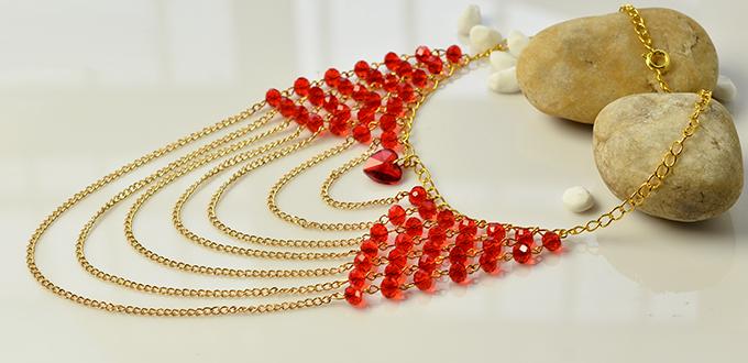 How to Make Red Glass Beads and Heart Bead Multi Strands Chain Necklace