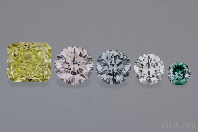 Five fancy color diamonds provide an example of relative diamond size