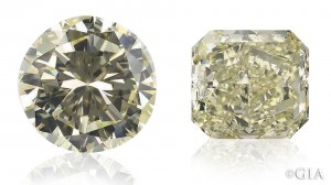 This 6+ ct round brilliant cut diamond (left) was recut to a 4.61 ct radiant (right) to improve the appearance of its yellow color. Photo Elizabeth Schrader/GIA. Courtesy: the Scarselli family.