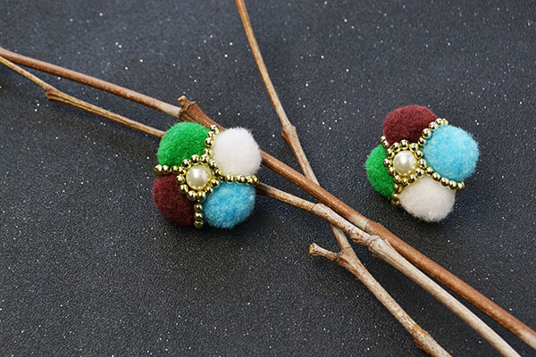 final look of the colorful pom pom ball flower stud earrings