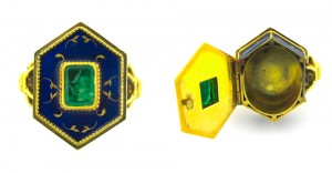A 1 ct rectangular emerald and delicate enameling decorates this Victorian era 18K yellow gold poison ring. Courtesy: 1stdibs.com. 