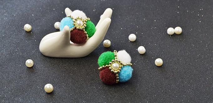 Easy Earring Pattern - How to Make a Pair of Colorful Pom Pom Ball Flower Stud Earrings